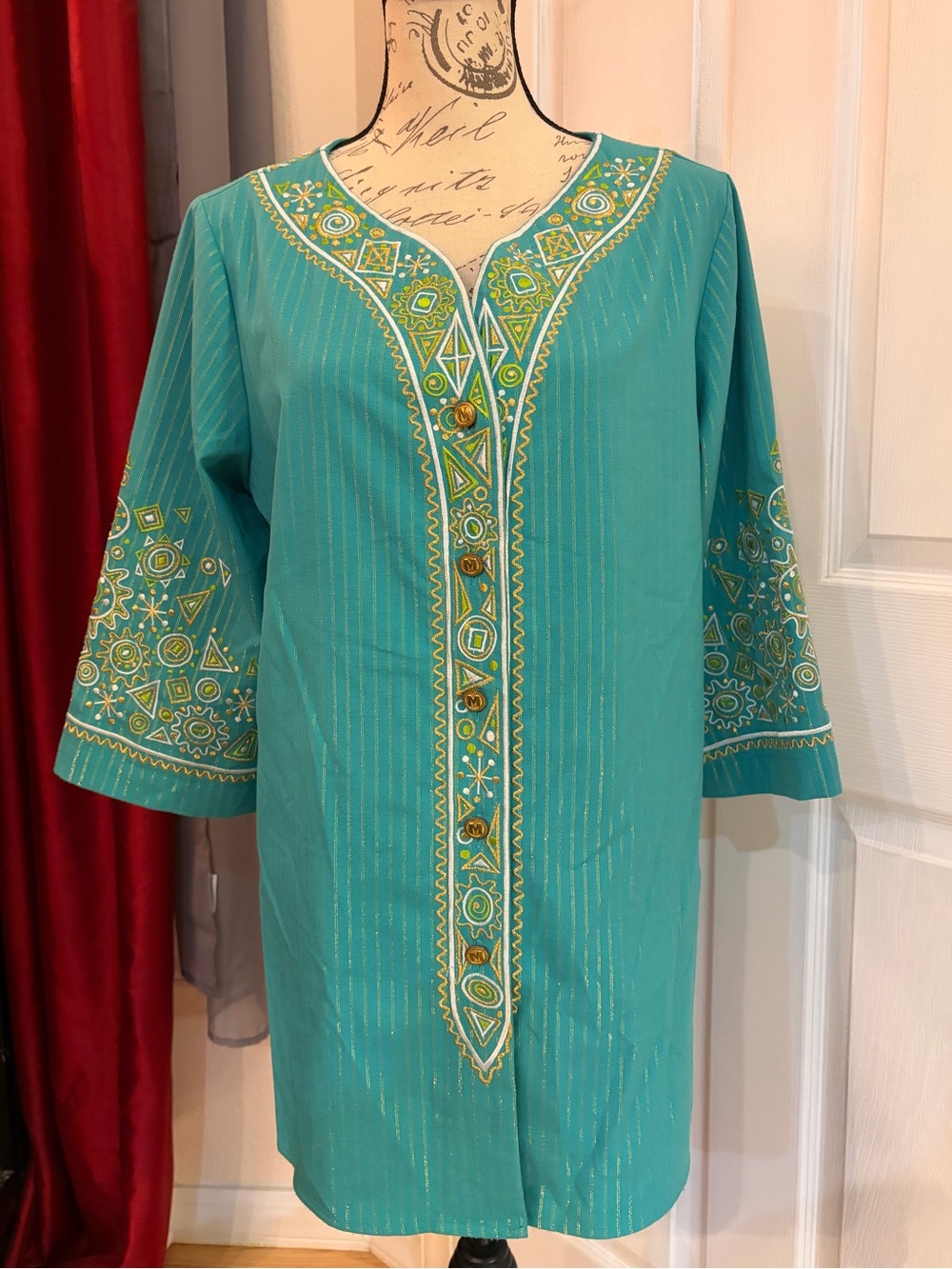 Bob Mackie Wearable Art Embroidered Teal Tunic Top w/Buttons & Geometric Trim